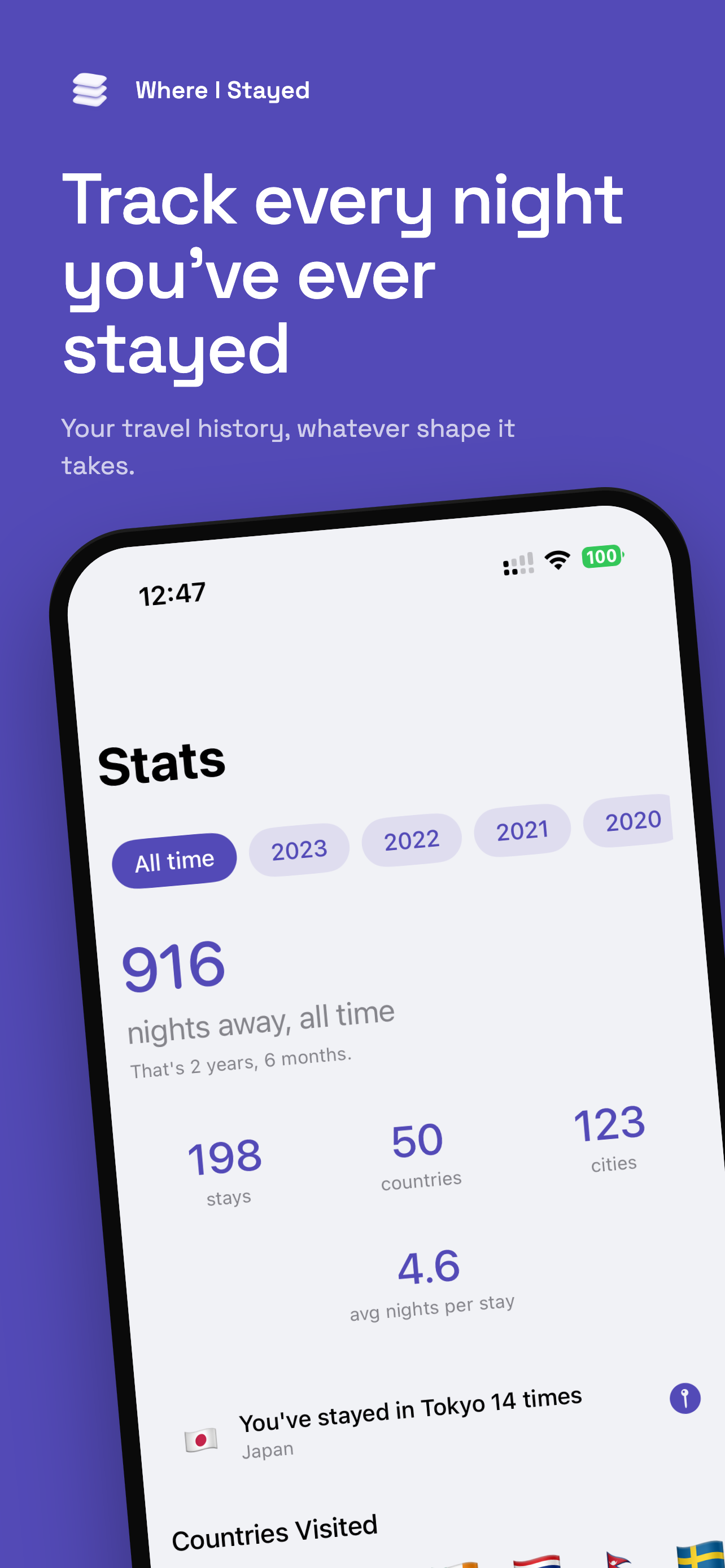 Stats screen showing nights, countries, and cities visited