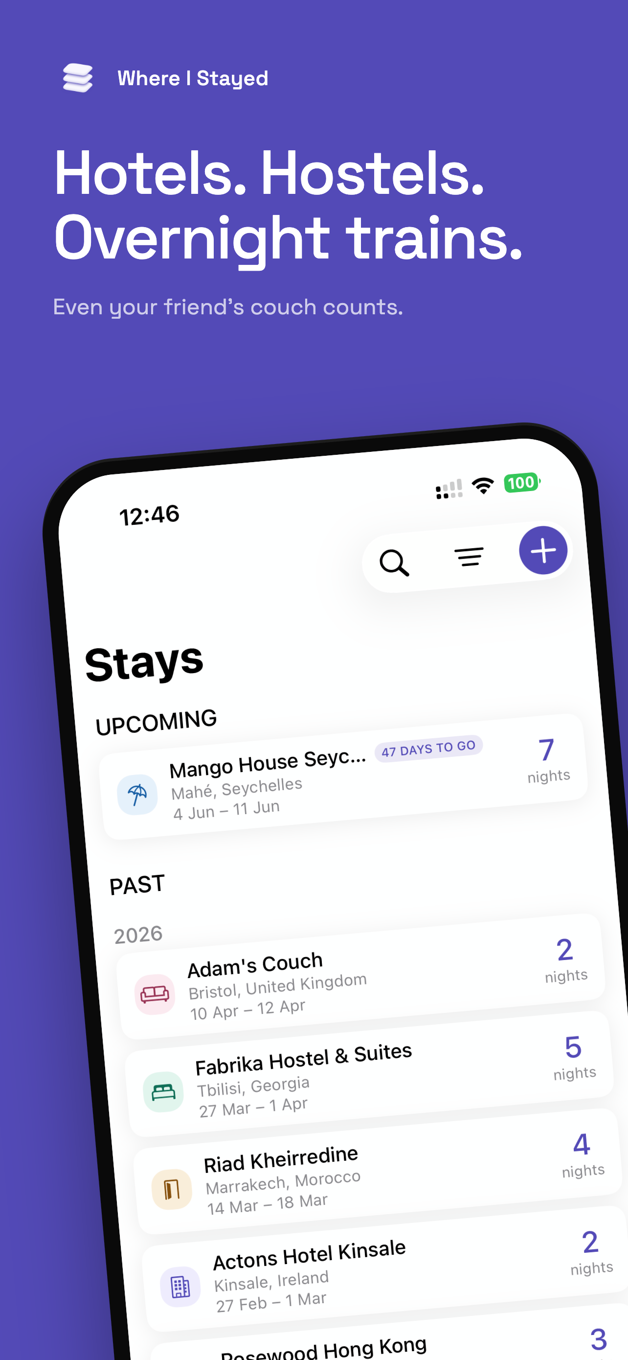 Stays list showing a travel history